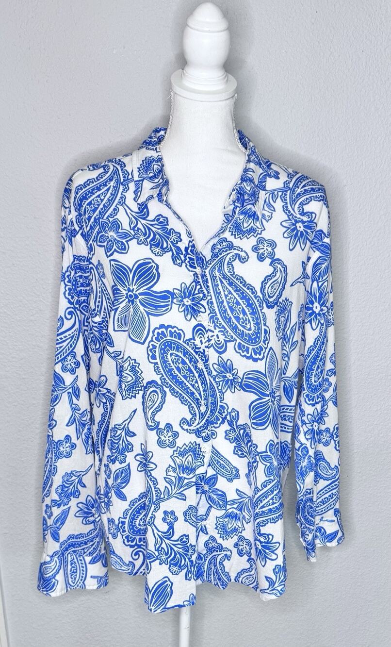 Xirena Beau Shirt In Santorini Size M Long Sleeve Button Up Blue & White Paisley